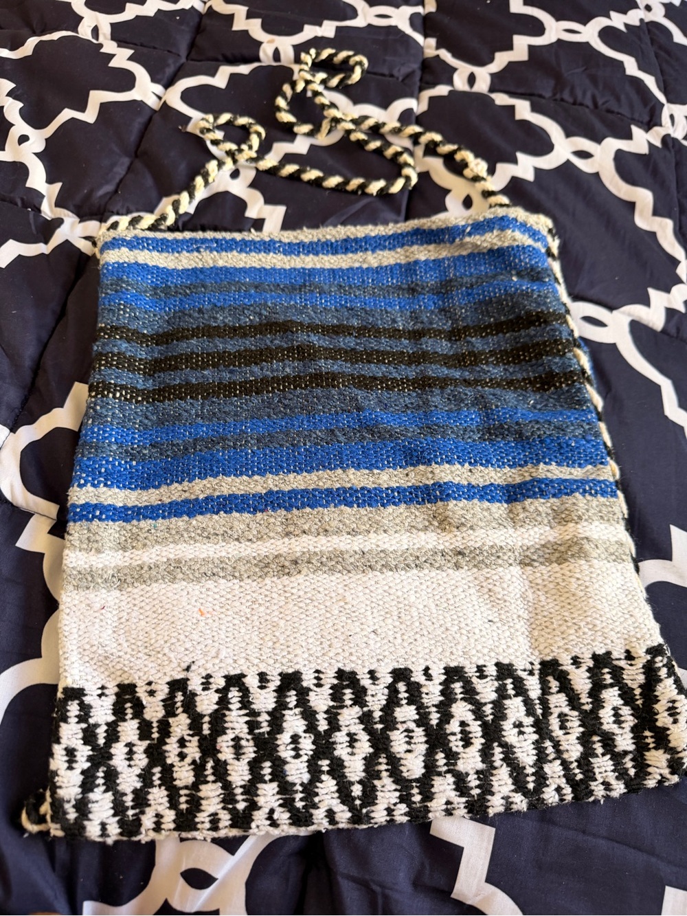 Woven Boho Crossbody Bag with Blue and Black Stripes NWOT 14x14